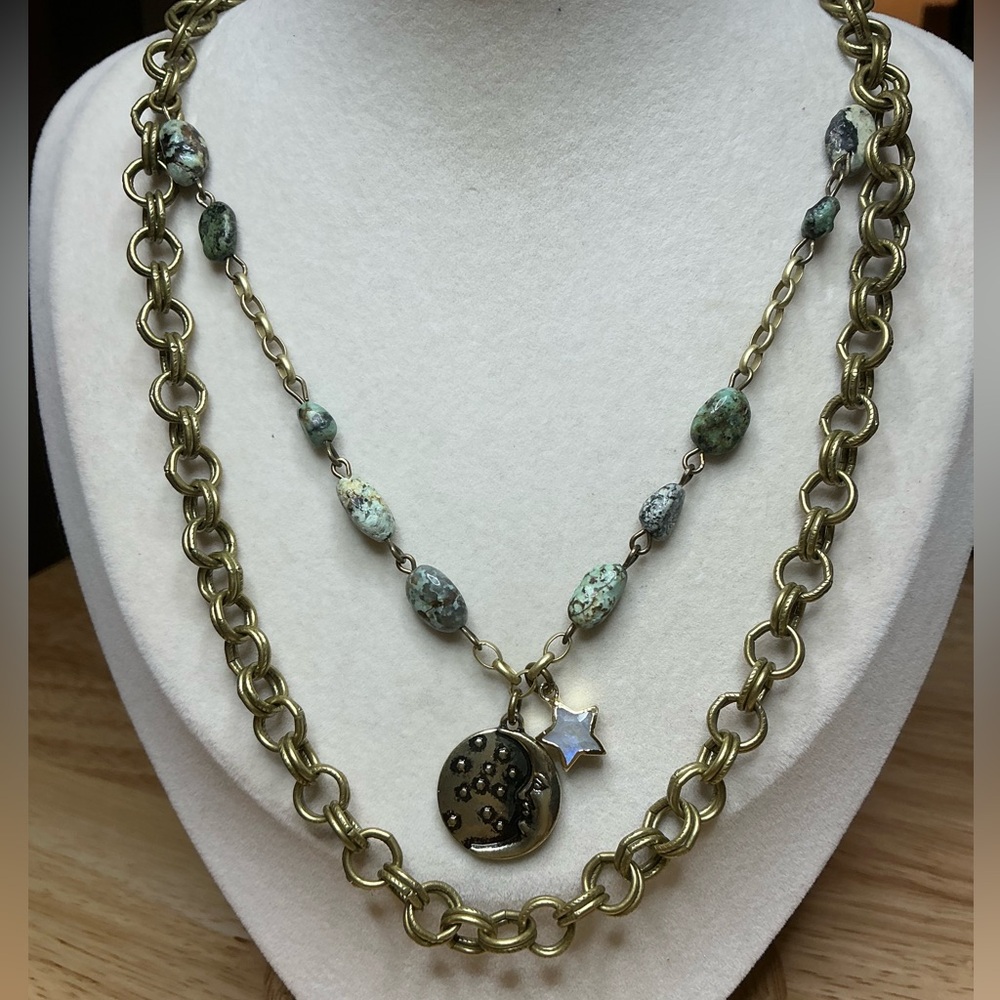Two -Layer Necklace with African Turquoise Chain & Rainbow Moonstone Star❤️ - Picture 5 of 7